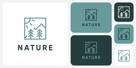 Mountain and pine tree outline landscape vector logo design with modern, simple, clean and abstract style.