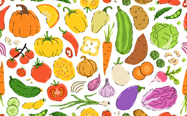 seamless hand drawn pattern with vegetable isolated on white background. Bundle of fresh delicious vegan diet vegetarian products, wholesome healthy food, cooking ingredients.