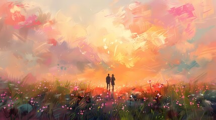 Fototapeta premium Pink and orange pastel flower field and character illustration poster background