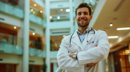 Obraz premium portrait cheerful of doctor in the hospital to convey their spirit of work