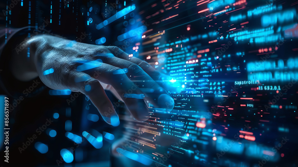 Poster a hand reaching out to touch a digital interface with code displayed on a screen.
