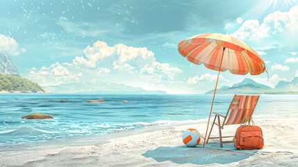Detailed illustration of a picturesque beach setup with a cheerful beach umbrella shading a comfortable chair, a beach bag, and a beach ball, set on a sandy shore with a calm sea, wispy clouds, and