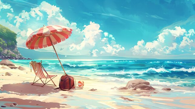 Detailed illustration of a picturesque beach setup with a cheerful beach umbrella shading a comfortable chair, a beach bag, and a beach ball, set on a sandy shore with a calm sea, wispy clouds, and