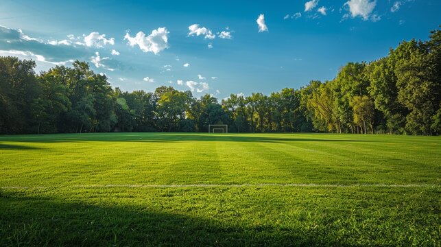Empty football field with bright green grass and a lone goalpost, framed by a backdrop of distant trees and blue sky Generative AI