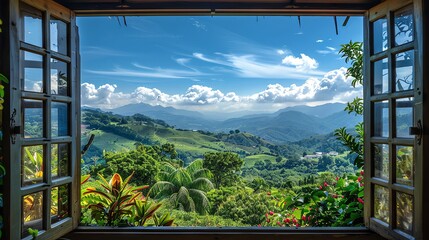 A view of lush green mountains and a bright blue sky seen through an open window. © Atchariya63