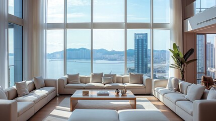 Fototapeta premium 창밖에 바닷가에 위치한 대도시가 보이는 고층 아파트의 거실-The living room of a high-rise apartment with a view of a large city located on the seaside outside the window