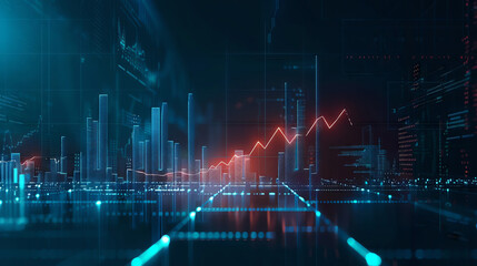 Abstract cityscape with glowing lines and a red graph line, representing digital technology and economic growth.