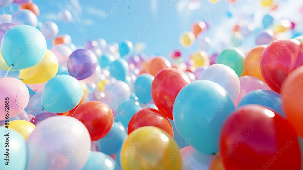 Poster close-up shot of colorful balloons floating upwards, creating a joyful party background. 