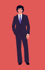 A full-length portrait of a young curly-haired man. Portrait of a happy businessman in a business suit. Vector flat illustration