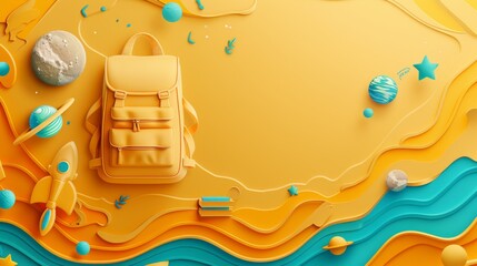 A yellow backpack sits on a yellow paper background with blue and orange paper waves. Small 3D objects like planets and rockets are scattered around. Back to school.