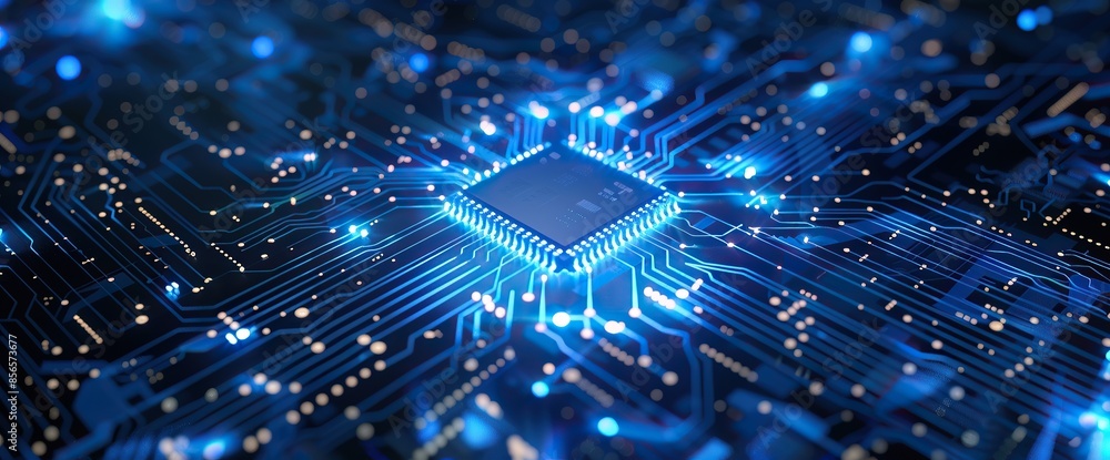 Aufkleber close-up of a glowing circuit board with a central processor