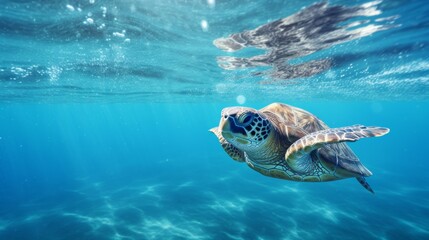 Fototapeta premium deep blue sea texture with a sea turtle swimming gracefully through the water. 