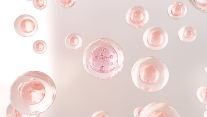 3D rendering Cosmetics Serum bubbles on defocus background. Collagen bubbles Design. Molecule inside a liquid bubble. Essence Ball Molecules.