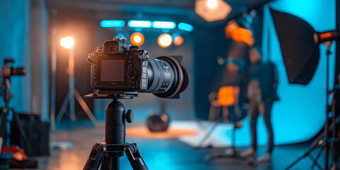 A professional photographer setting up for a photoshoot in a modern studio
