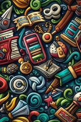 Obraz premium A fun and vibrant seamless pattern featuring various cute cartoon doodle school supplies, perfect for back to school themes. Back to school.