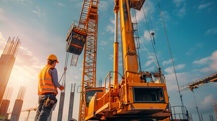 Construction Worker Signaling Crane on a Building Site