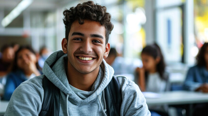 Obraz premium portrait cheerful male student in the classroom to convey the spirit study