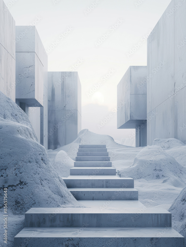 Poster minimalist stone staircase in an abstract landscape with geometric forms, capturing a serene and mod