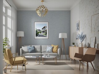 Frame mockup, ISO A paper size. Living room wall poster mockup. Modern interior design. 3D render