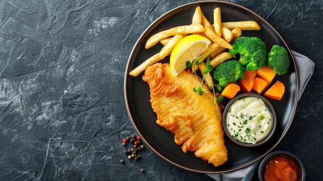 Kid s meal with fried fish chips and vegetables Colorful dinner presentation on a black chalkboard backdrop Overhead shot of plate with space for text