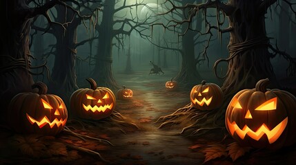 A spooky forest sunset with a haunted evil glowing eyes of Jack O' Lanterns