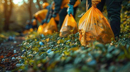 Cleaning volunteer with garbage collectors and garbage bags in the park