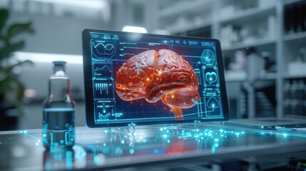 A large tablet that displays an image of the brain, a red 3D hologram.