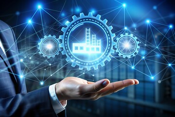 Fototapeta premium A hand confidently taps a holographic icon of a factory, with gears and machinery appearing in mid-air, representing industrial automation.