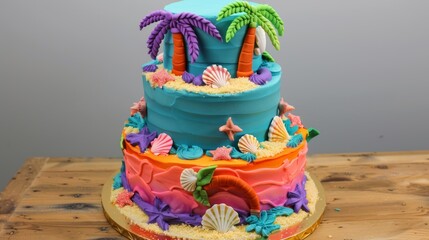 A tropicalthemed birthday cake with bright colors palm trees and seashells.