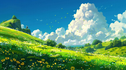 landscape of hill with beautiful garden on sunny day in summer style art anime © Idea stock
