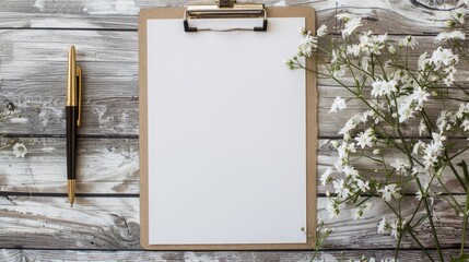 Title: Blank letter on clipboard with flower and pen for inspirational quotes and copy space