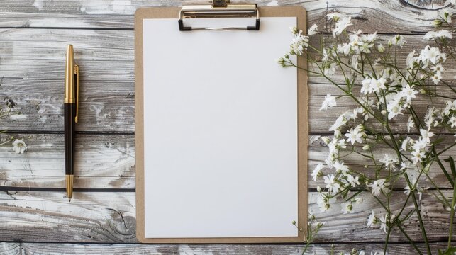 Title: Blank letter on clipboard with flower and pen for inspirational quotes and copy space