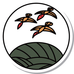 ステッカー風の円形シンプル花札　葉月　芒　雁　8月　芒に雁