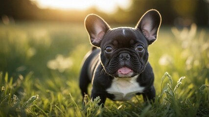 Fototapeta premium Adorable French Bulldog puppy in a sunny field of grass during golden hour
