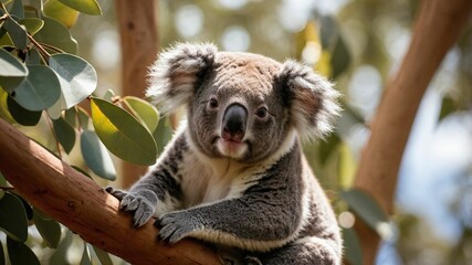 Fototapeta premium close-up of a koala sitting on a tree branch surrounded by eucalyptus leaves in its natural habitat