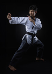 A black belt taekwondo athlete poses and demonstrates fighting moves against a black background