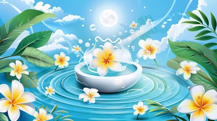 Detailed EPS 10 vector of the Songkran water festival scene, showing flowers floating in a water bowl, dynamic water splashes, surrounded by tropical leaves, white flowers, and a bright blue circular