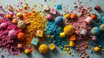 A mix of colorful powders scattered on a table, adding a pop of color to the surface.