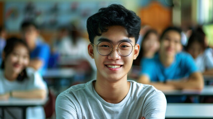 Fototapeta premium portrait cheerful male student in the classroom to convey the spirit study