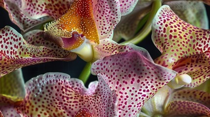 Close-up of vibrant, speckled orchid petals displaying intricate patterns and colors against a dark background.
