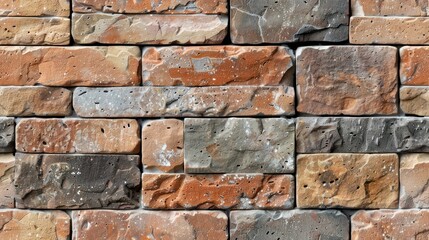 Fototapeta premium Close-up view of a rustic brick wall showcasing textured stones in various shades, perfect for architectural or construction themes.
