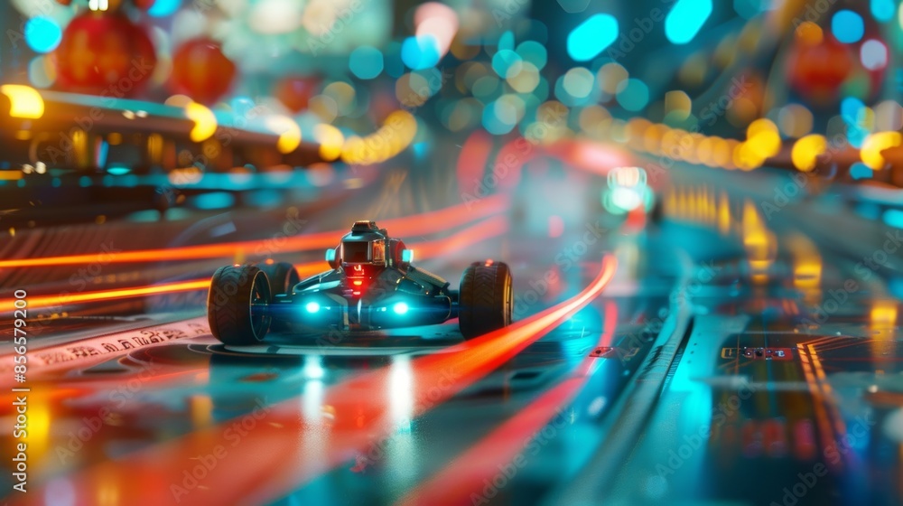 Poster hazy lights flash as the robots race through the course leaving a trail of blurred movement in their