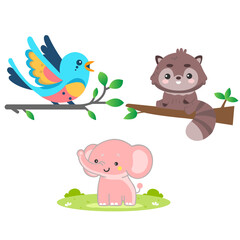 Fototapeta premium vector illustrations of cute elephants, birds, civets