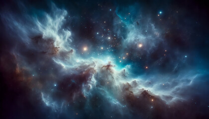 Turbulent Blue Nebula with Starry Background, cosmic clouds in the space, interstellar, space view of cosmic cloud, stars, nebula