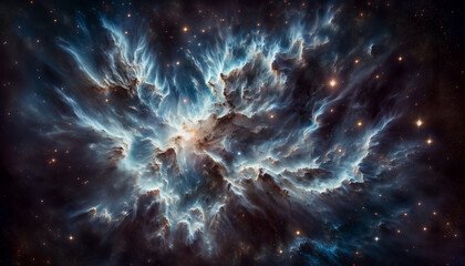 Blue Nebula with Starfield in Outer Space,  cluster of starts, celestial clouds with stars, interstellar, blue cosmos of stars
