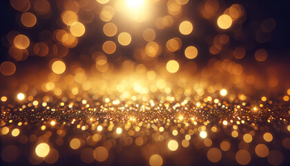 Golden Bokeh Lights on abstract Background with Dark blue and gold particle. Gold foil texture, navy blue background. Holiday concept