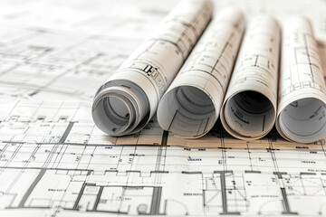 Rolled blueprints and construction plans