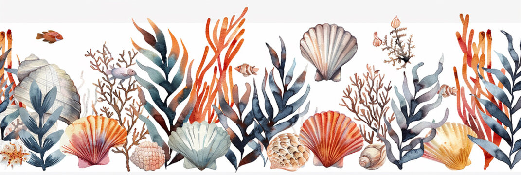 Nautical watercolor sublimation clipart: sea weed, sea stones, sea shells, corals. AI generative.
