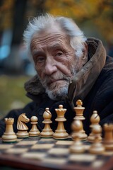 Elderly Man Playing Chess Thoughtfully in Autumnal Park