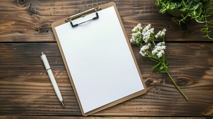 Fototapeta premium Rustic Wooden Table with Blank Clipboard for Inspirational Quotes, Flower, and Classic Pen